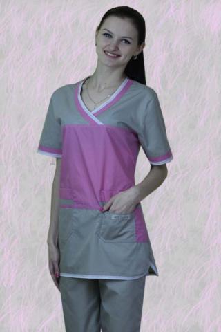 костюм медицинский хирургический женский "Карамель" серо-розовый